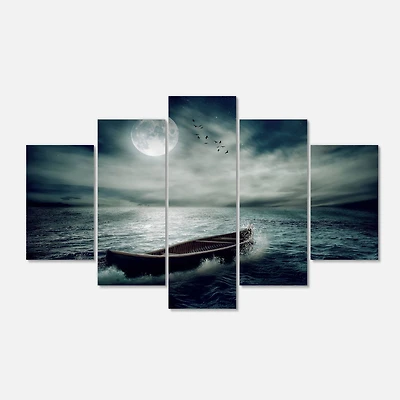 Designart - Boat Drifting Away After Storm - Large Seashore Canvas Art Print