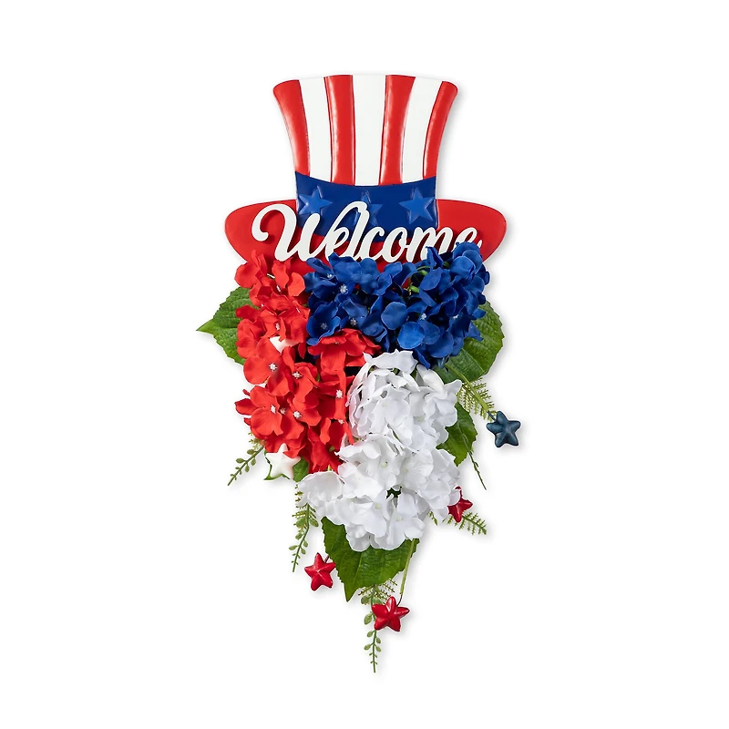 Glitzhome® 22.5" Patriotic Americana Metal Top Hat & Hydrangea Swag Wall Décor