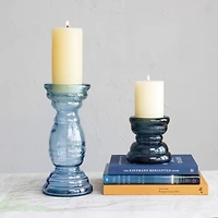 Hello Honey® Blue Reclaimed Glass Pillar Candle Holder