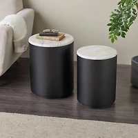 Black Metal Nesting Accent Table with Faux White Marble Top Set