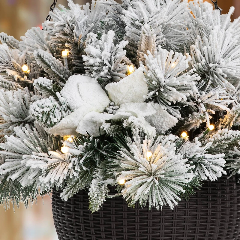 Glitzhome® 24'' Pre-Lit Snow Flocked Christmas Artificial Pine Poinsettia Hanging Baskets, 2ct.