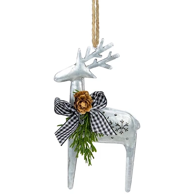 6.25" Silver Metal Reindeer Christmas Ornament with Black Gingham Bowtie & Pine