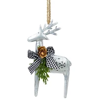 6.25" Silver Metal Reindeer Christmas Ornament with Black Gingham Bowtie & Pine