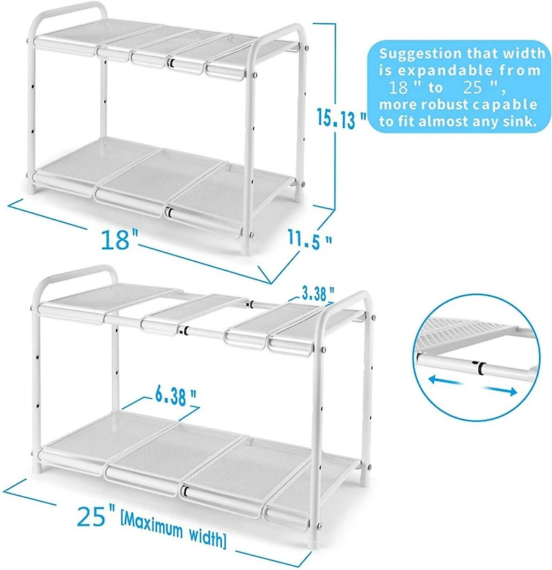 NEX™ White 2 Tier Expandable Cabinet Shelf Organizer Rack