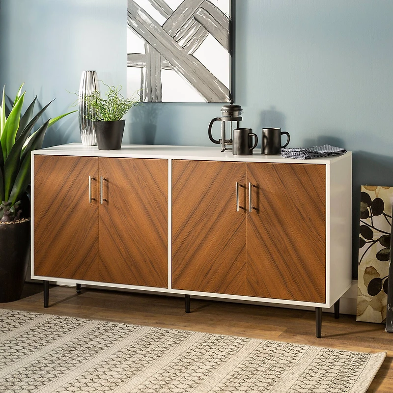 Walker Edison 58" Teak Bookmatch & White Mid Century Modern TV Buffet