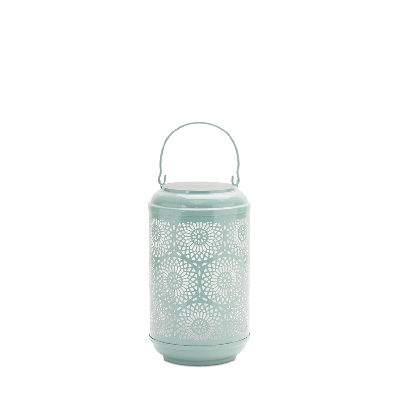 Green Punched Metal Lantern Candle Holder Set