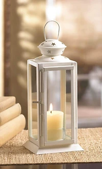 8" White Metal Starlight Hanging Candle Lantern