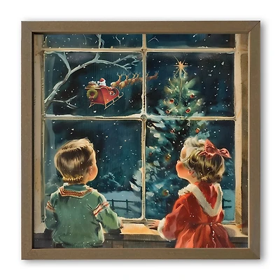 Vintage Christmas Window Scene 16" x 16" Brown Framed Print