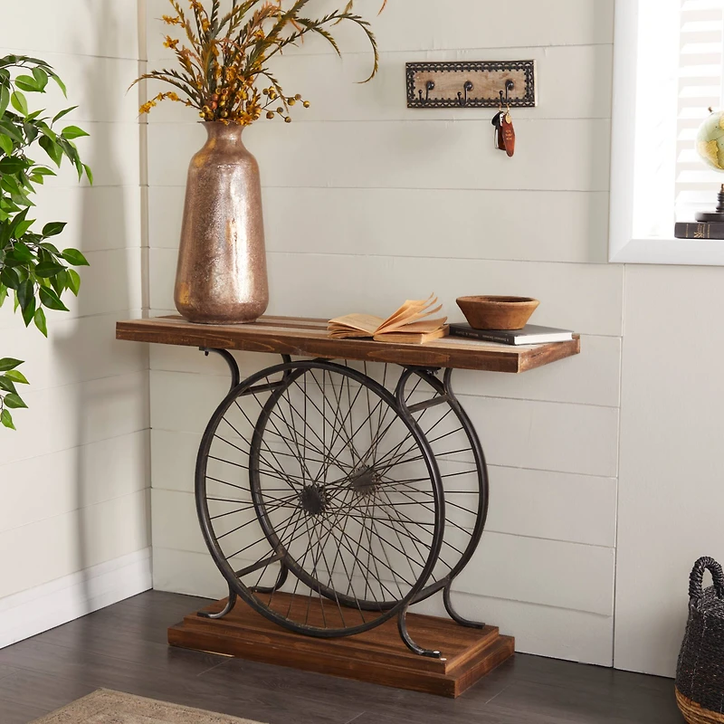Brown Industrial Wood Console Table, 12" x 39"
