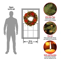 24" Decorative Collection Hydrangea Wreath with Cones, Red Berries & 50ct. Soft White Battery Operated LED Lights with Timer