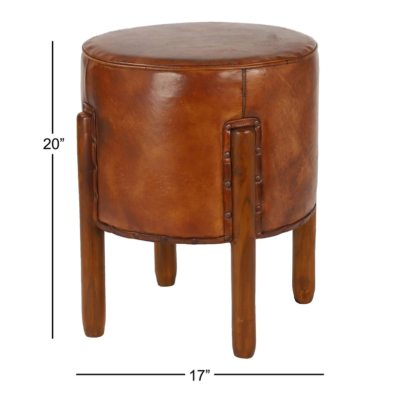 20" Brown Leather & Teak Traditional Stool