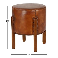 20" Brown Leather & Teak Traditional Stool
