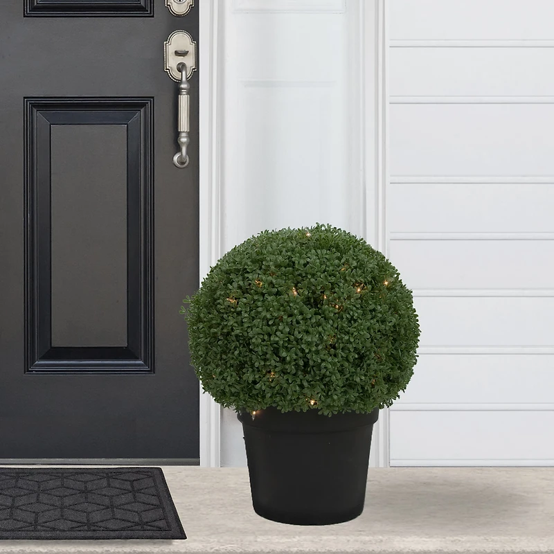 20" Pre-Lit Artificial Boxwood Ball Topiary in Round Pot, Clear Lights