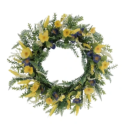 30" Yellow & Purple Poppy & Fern Floral Spring Wreath
