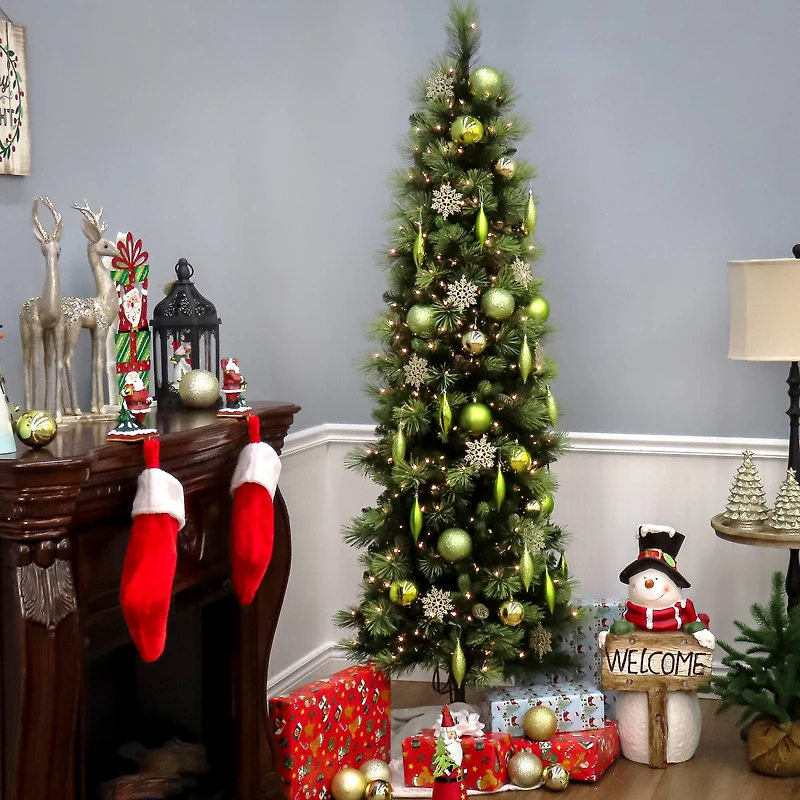 7ft. Pre-Lit Carolina Pine Tree with Flocked Cones Artificial Christmas Tree, Clear Lights