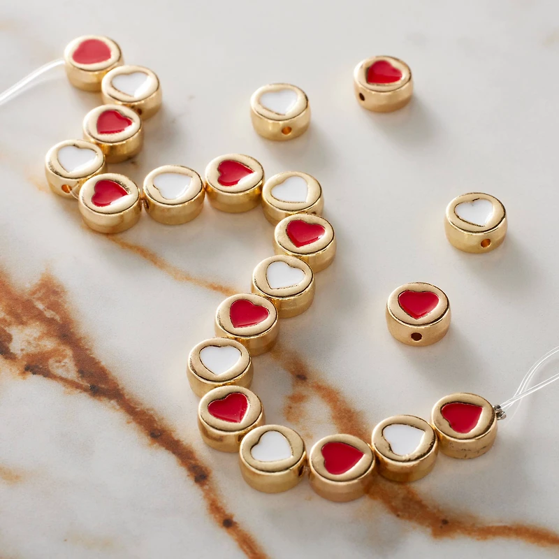 Red & White Enamel Metal Round Heart Beads, 8mm by Bead Landing™