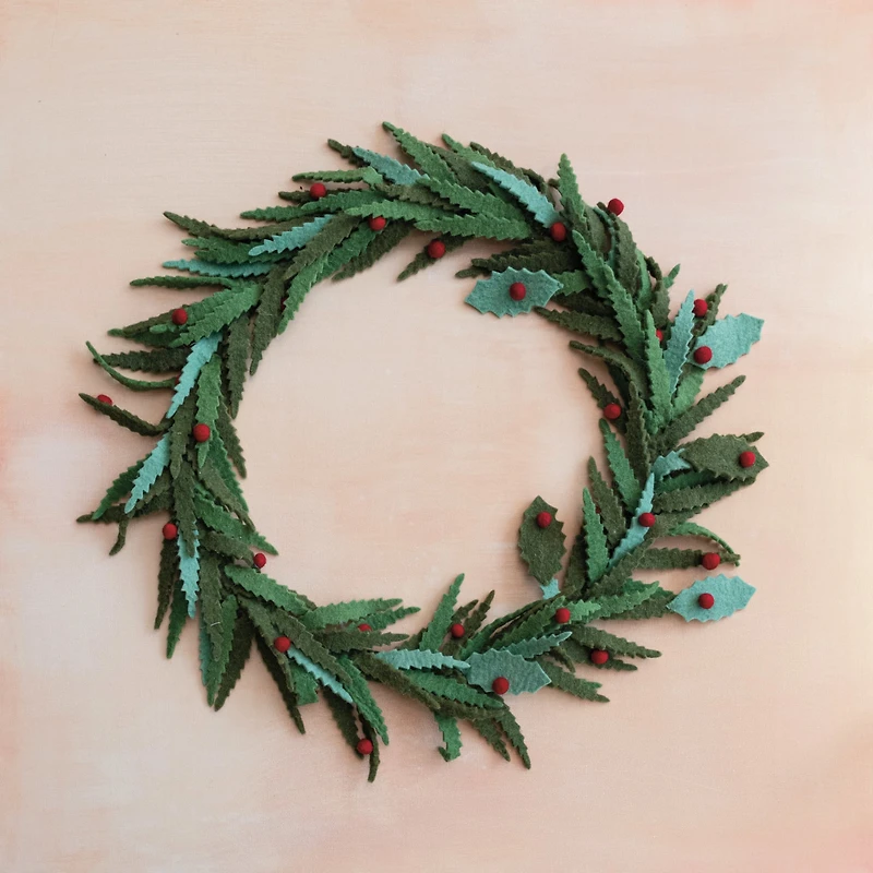 Hello Honey® 20" Green & Red Round Handmade Wool Felt Leaves Wreath with Berries