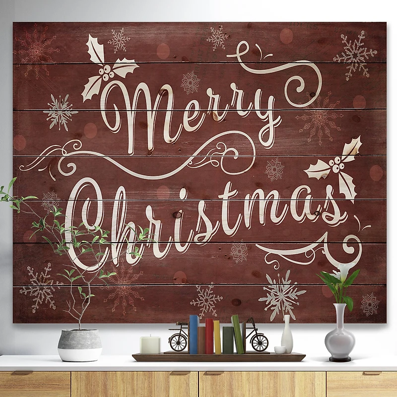 Designart Merry Christmas on Red Print on Natural Pine Wood