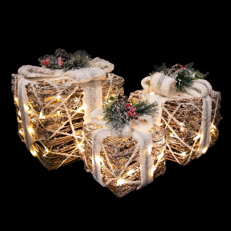 LED Gift Boxes with Pine & Berries Christmas Decoration Set