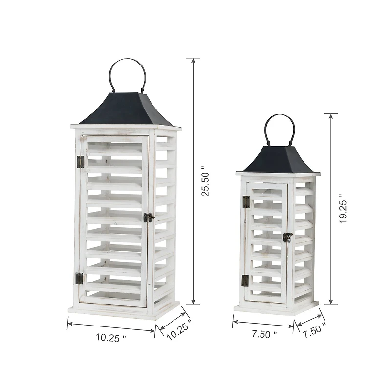 Modern Farmhouse White Wooden Shutter Lantern Set, 25.5" & 19"