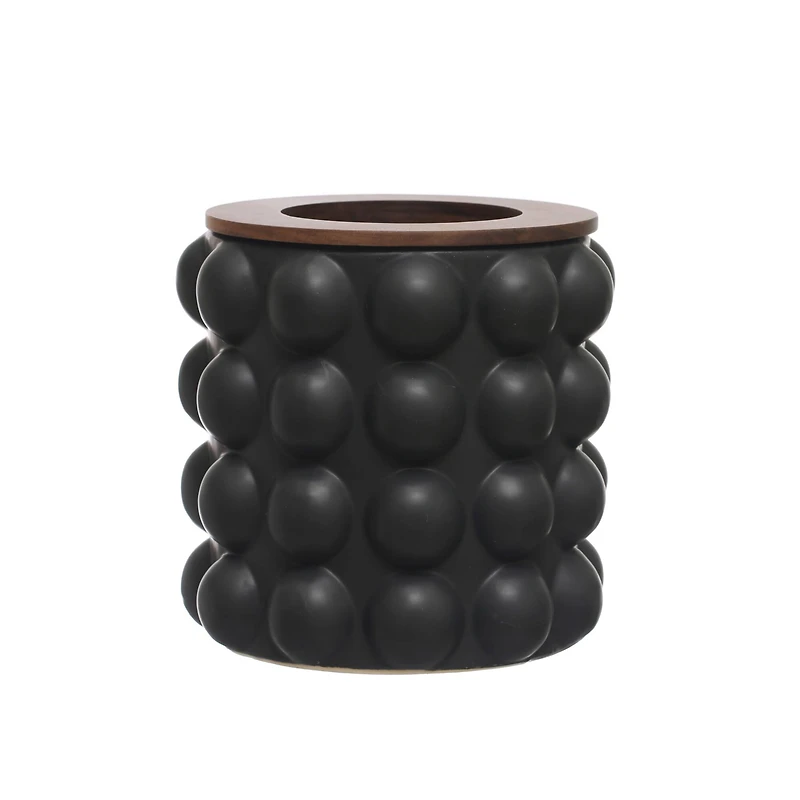 Hello Honey® 10" Round Matte Black Stoneware Waste Bins with Raised Dots & Removable Natural Acacia Wood Rim, 2ct.