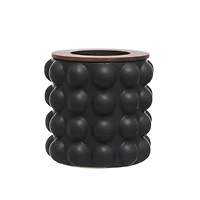 Hello Honey® 10" Round Matte Black Stoneware Waste Bins with Raised Dots & Removable Natural Acacia Wood Rim, 2ct.