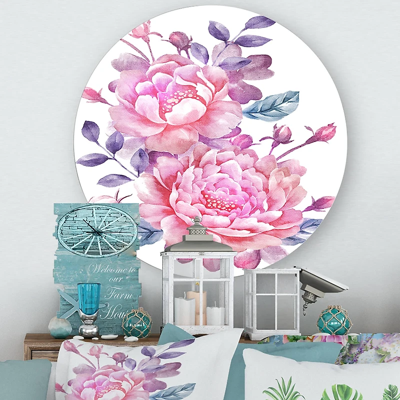 Designart - Pink Retro Flowers With Blue Leaves