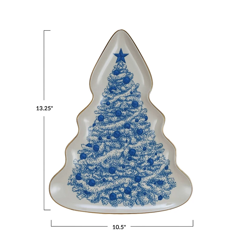 Hello Honey® 13" Blue & Cream Stoneware Christmas Tree Serving Plate with Gold Rim