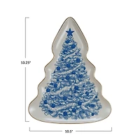 Hello Honey® 13" Blue & Cream Stoneware Christmas Tree Serving Plate with Gold Rim