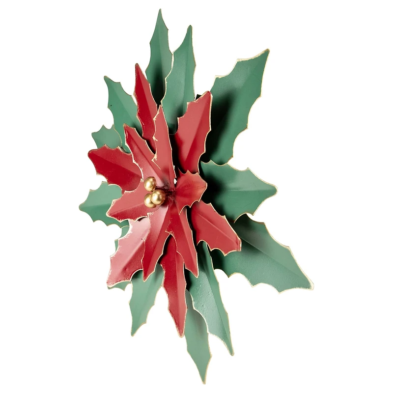 16.25" Large Red and Green Metal Poinsettia Christmas Wall Hanging