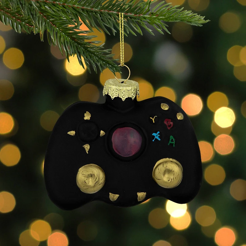 Game Controller Glass Christmas Hanging Ornament - 4" - Black