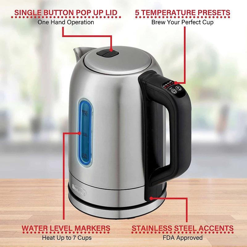 Brentwood 1.79qt. 1,500 Watt Cordless Digital Stainless Steel Kettle With 5 Temperature Presets & Swivel Base