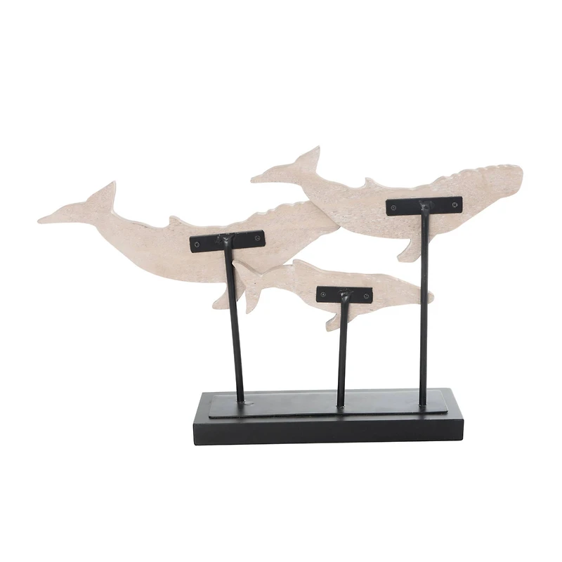 20" Blue Wooden Whale Textured Sculpture with Black Metal Stand