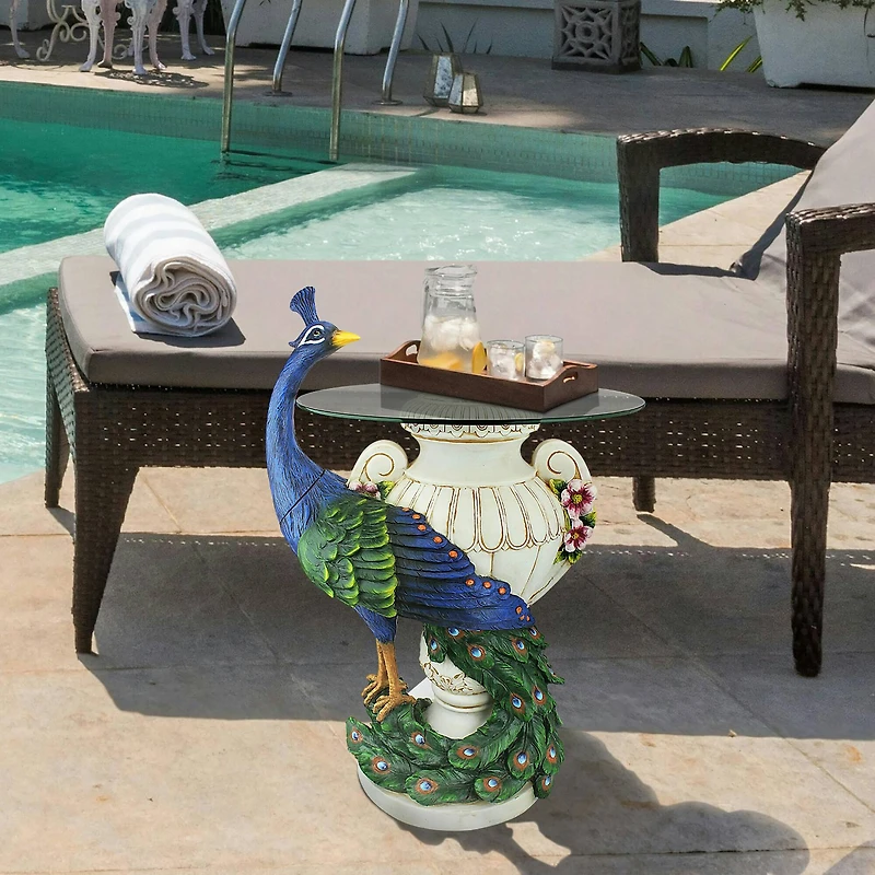 25" Staverden Castle Peacock Sculptural Glass-Topped Table
