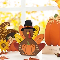 Glitzhome® 7" Thanksgiving Wooden Pumpkin, Turkey & Croissant Table Décor Set