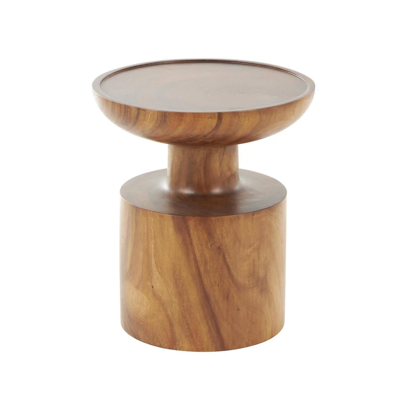 17.75" Brown Wood Handmade Accent Table with Cylinder Block Base