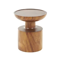 17.75" Brown Wood Handmade Accent Table with Cylinder Block Base
