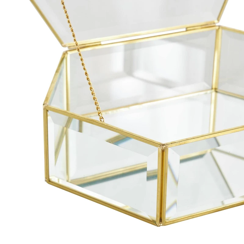 Clear & Gold Beveled Glass & Metal Wide Hexagon Jewelry Box with Chain Accent Set