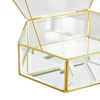 Clear & Gold Beveled Glass & Metal Wide Hexagon Jewelry Box with Chain Accent Set