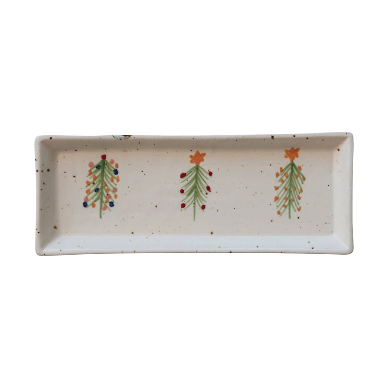 Hello Honey® 12" x 4.5" Speckled Hand-Painted Christmas Trees Stoneware Platter