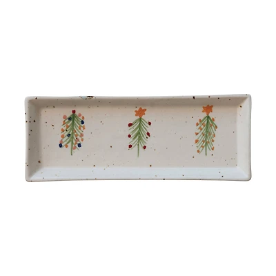 Hello Honey® 12" x 4.5" Speckled Hand-Painted Christmas Trees Stoneware Platter