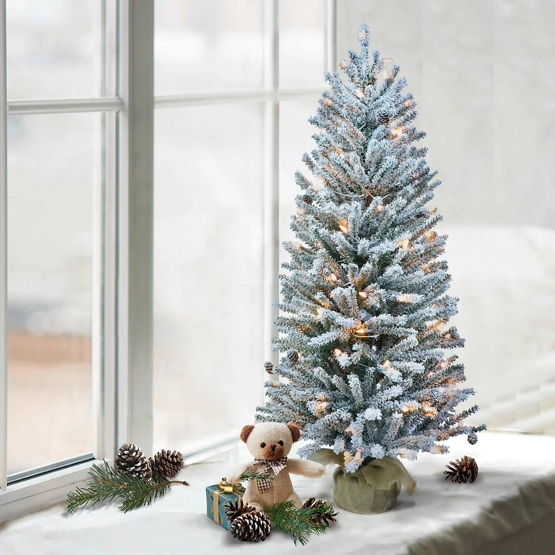 6 Pack: 4ft. Pre-Lit Flocked Fir Artificial Christmas Tree in Burlap Base, Clear Lights