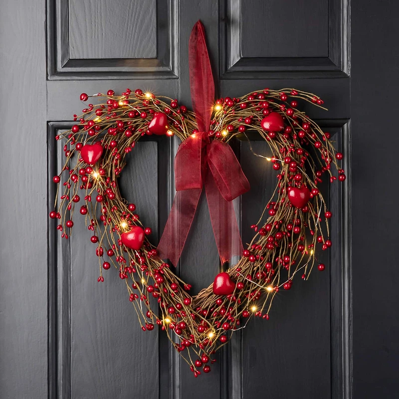 Glitzhome® 17" Lighted Valentine's Berry Heart Wreath