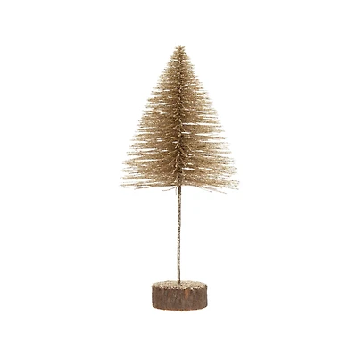 Hello Honey® 11.75" Champagne Plastic Bottle Brush Tree with Glitter & Wood Slice Base