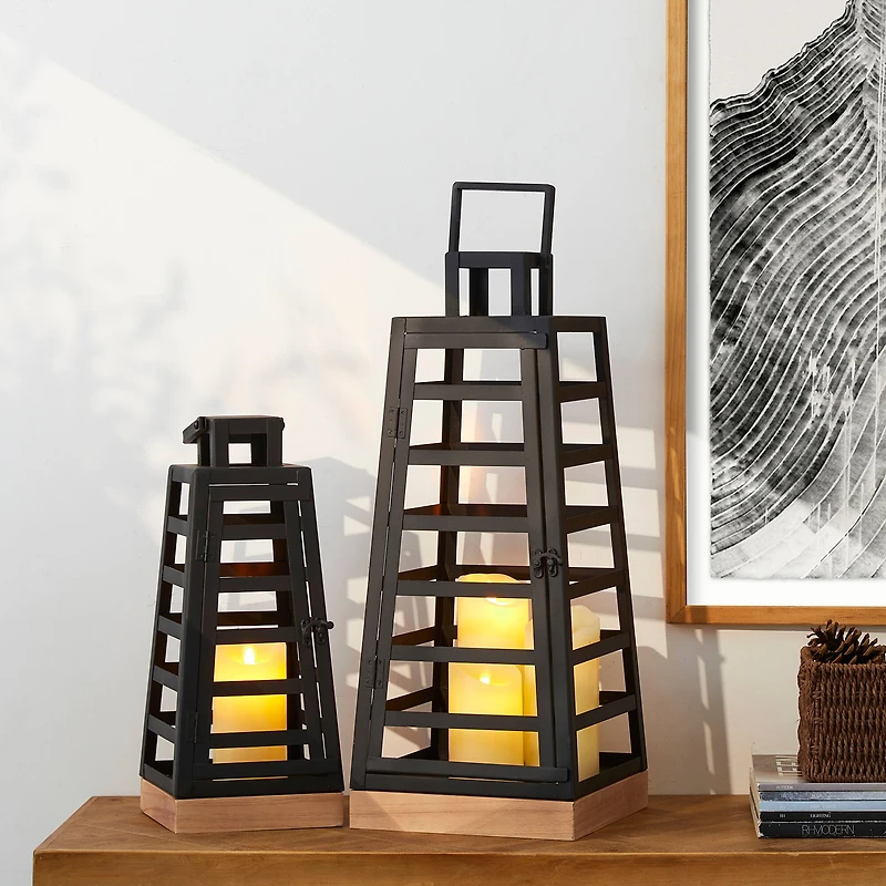 Glitzhome® Modern Trapezoid Metal & Wood Lanterns Set