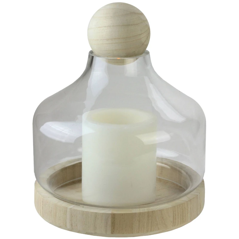 Transparent Glass Hurricane with Wooden Lid and Base