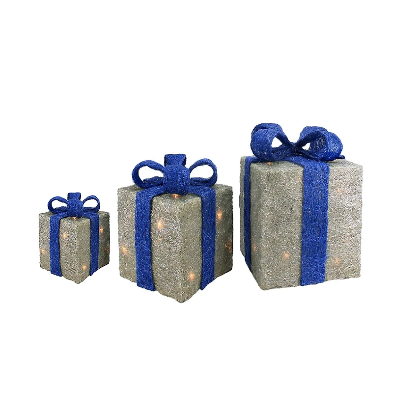 Pre-lit Silver with Blue Bows Sisal Gift Boxes Christmas Yard Decorations, Set of 3