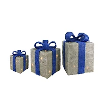 Pre-lit Silver with Blue Bows Sisal Gift Boxes Christmas Yard Decorations, Set of 3