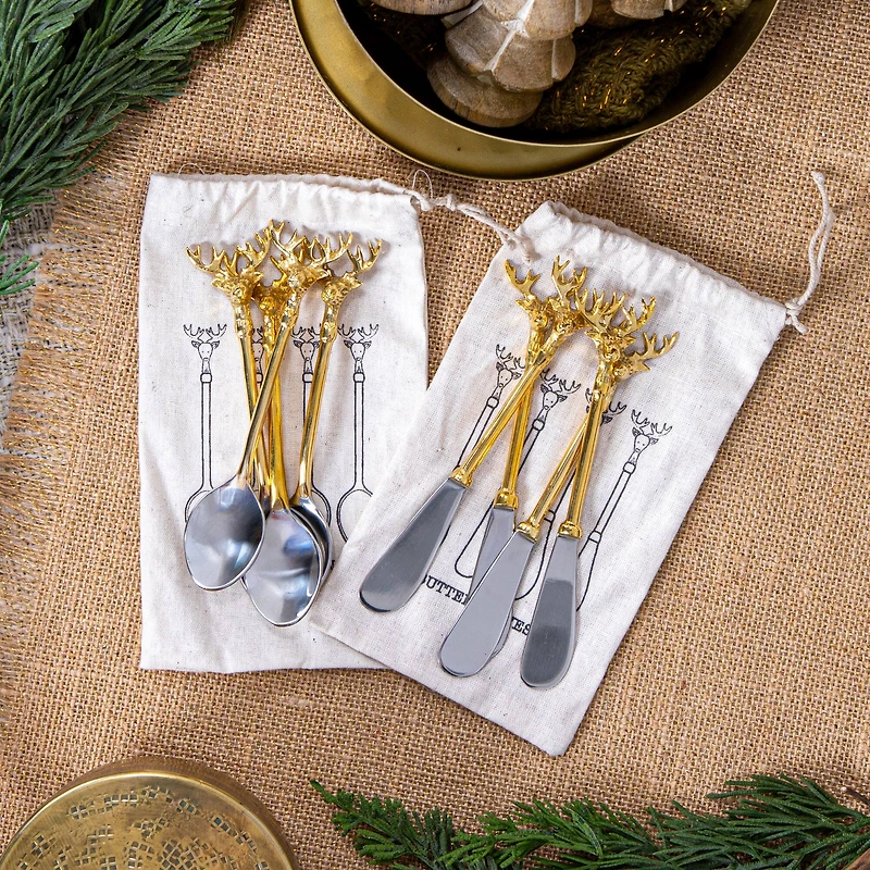 Hello Honey® Gold Reindeer Handle Stainless Steel & Brass Canapé Knife Set