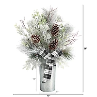 2.5ft. Frosted Greenery & Pinecone with Plaid Bow in Decorative Tin Artificial Christmas Arrangement